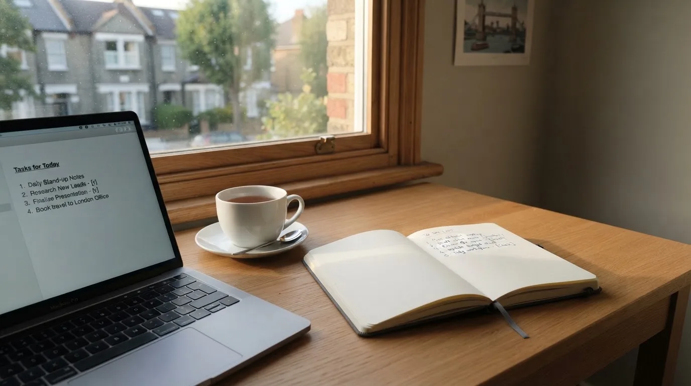 A tidy desk with a notebook, a mug of tea and a laptop open to a checklist, morning light through a window.