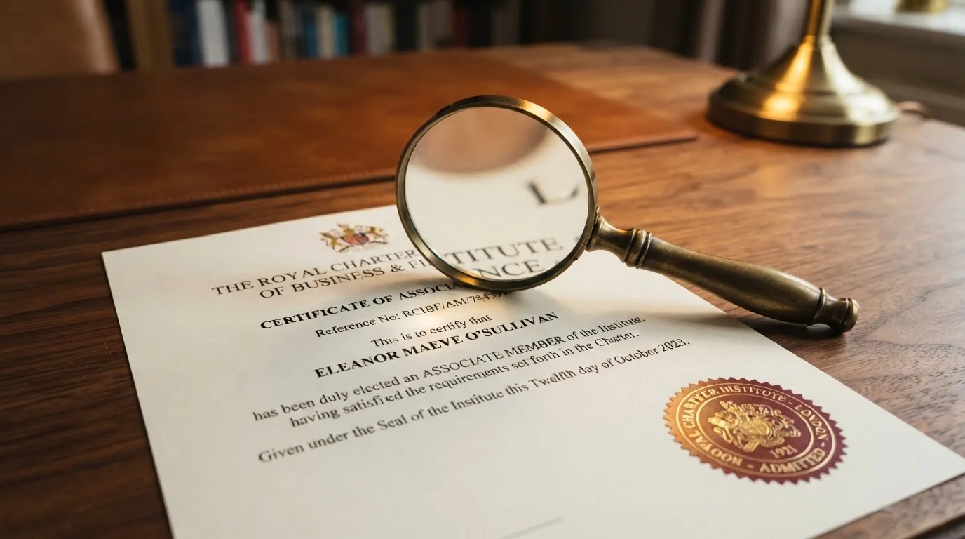 A magnifying glass rests over a printed regulatory certificate on a wooden desk.