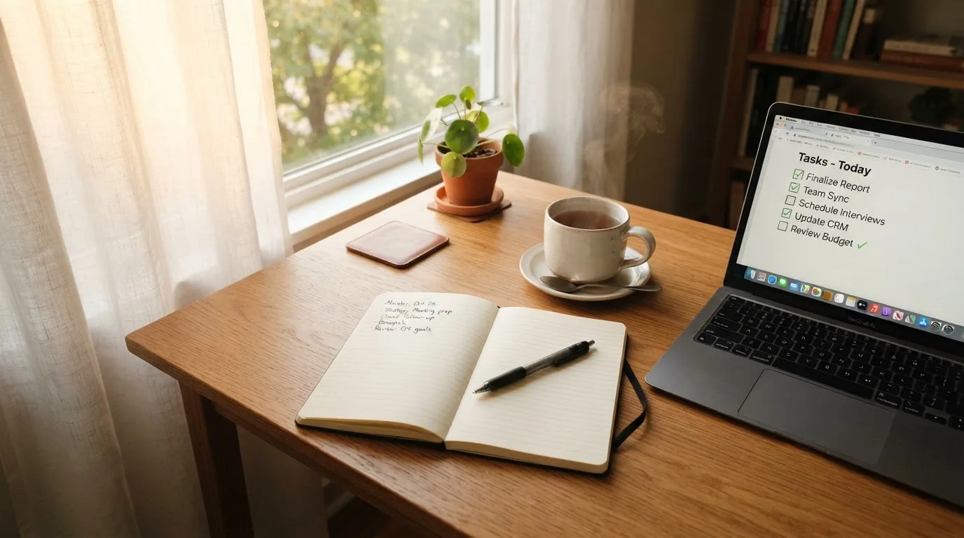 A tidy desk with a notebook, a mug of tea and a laptop open to a checklist, morning light through a window.