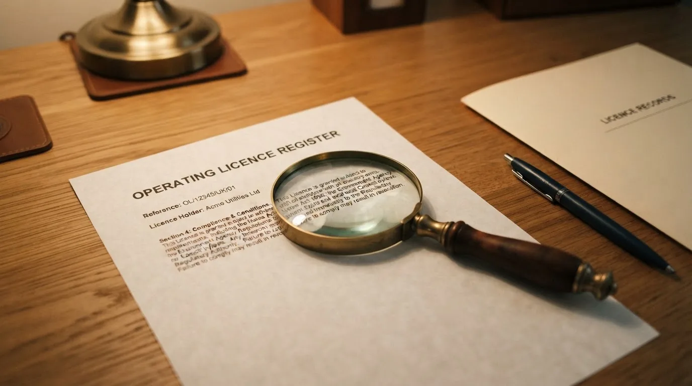 A magnifying glass rests over a printed regulatory certificate on a wooden desk.