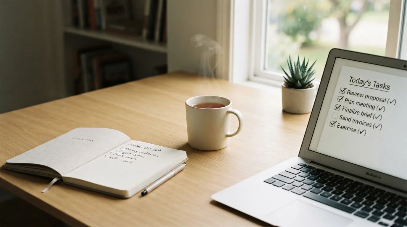 A tidy desk with a notebook, a mug of tea and a laptop open to a checklist, morning light through a window.
