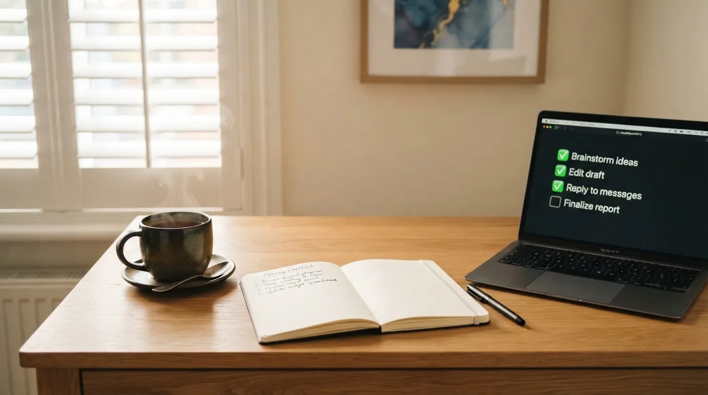 A tidy desk with a notebook, a mug of tea and a laptop open to a checklist, morning light through a window.