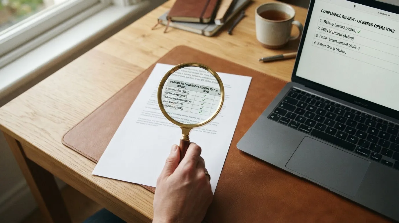 A magnifying glass rests over a printed regulatory certificate on a wooden desk.