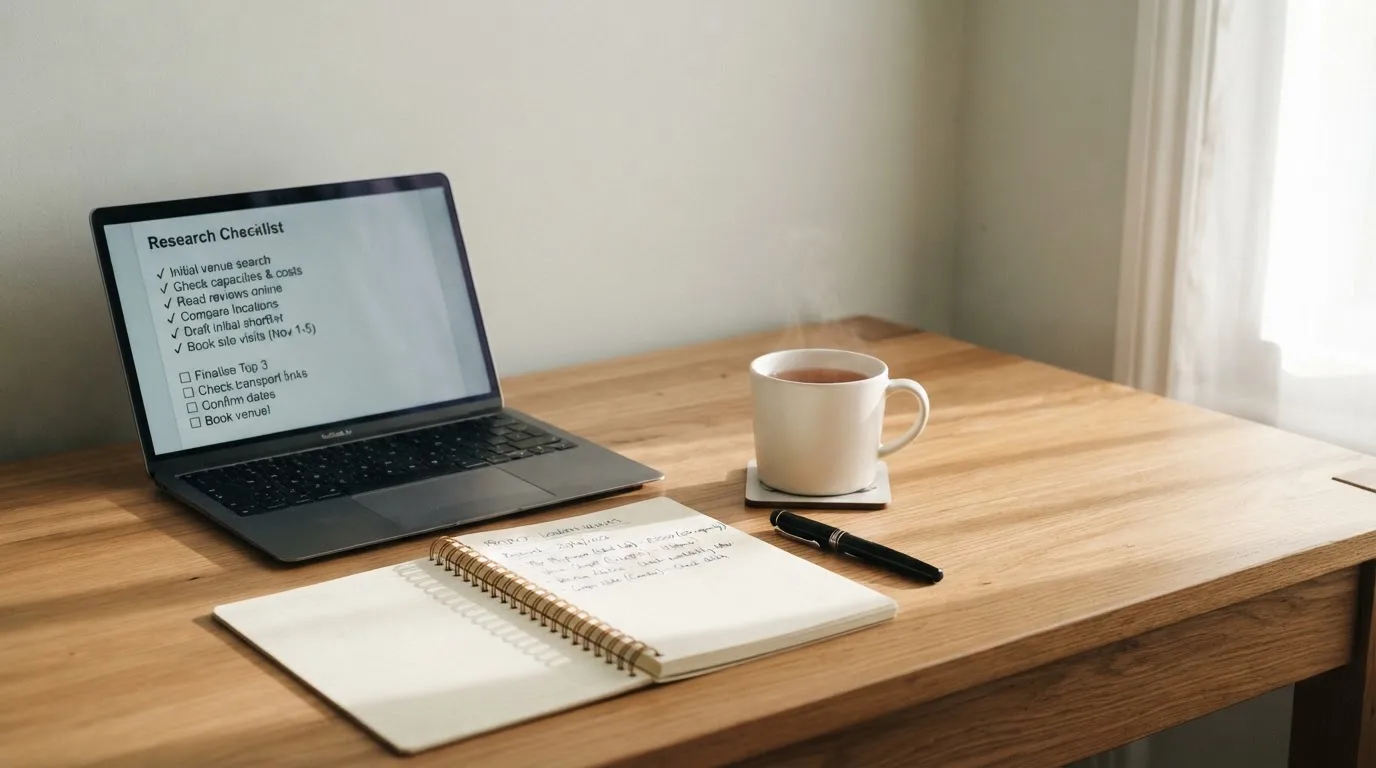 A tidy desk with a notebook, a mug of tea and a laptop open to a checklist, morning light through a window.