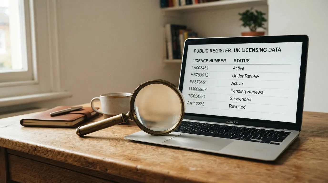 A magnifying glass rests over a printed regulatory certificate on a wooden desk.