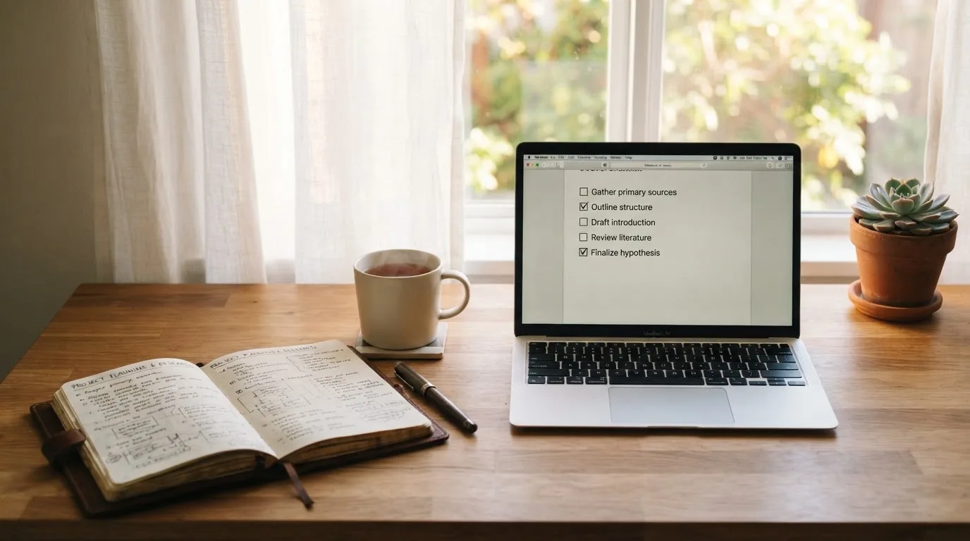 A tidy desk with a notebook, a mug of tea and a laptop open to a checklist, morning light through a window.