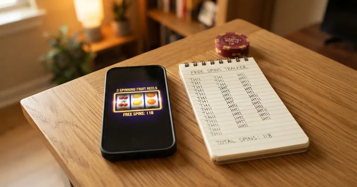A notepad with a tally of spin counts rests beside a smartphone displaying a slot-reel icon on a desk.