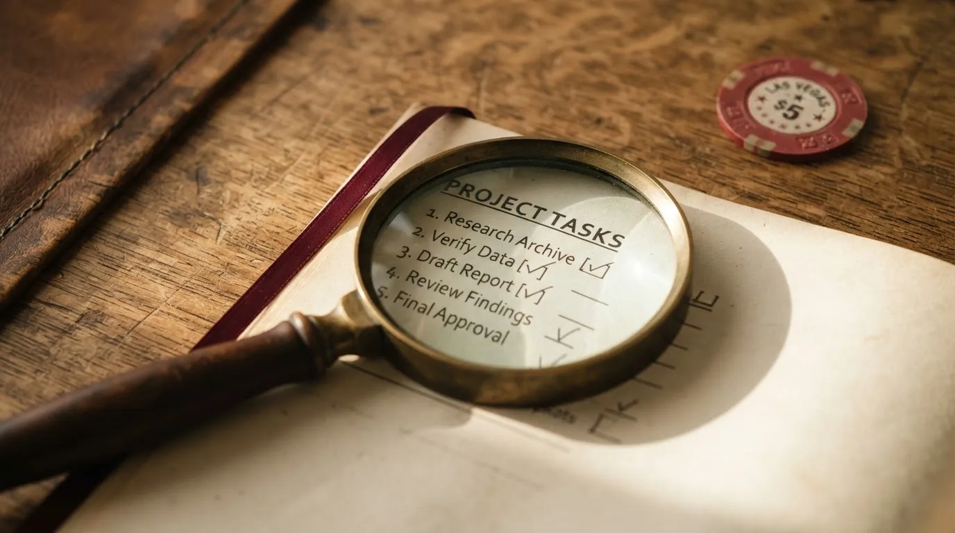 A magnifying glass rests over a printed regulatory certificate on a wooden desk.
