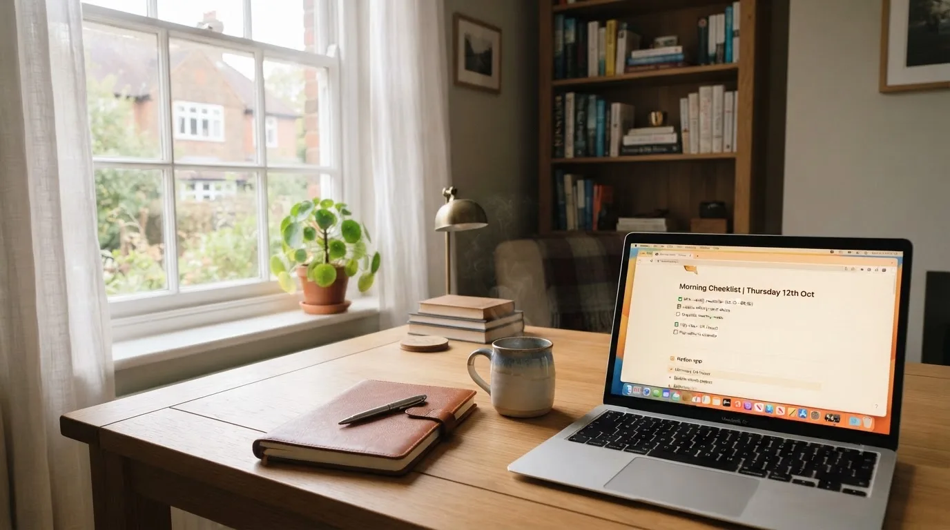 A tidy desk with a notebook, a mug of tea and a laptop open to a checklist, morning light through a window.