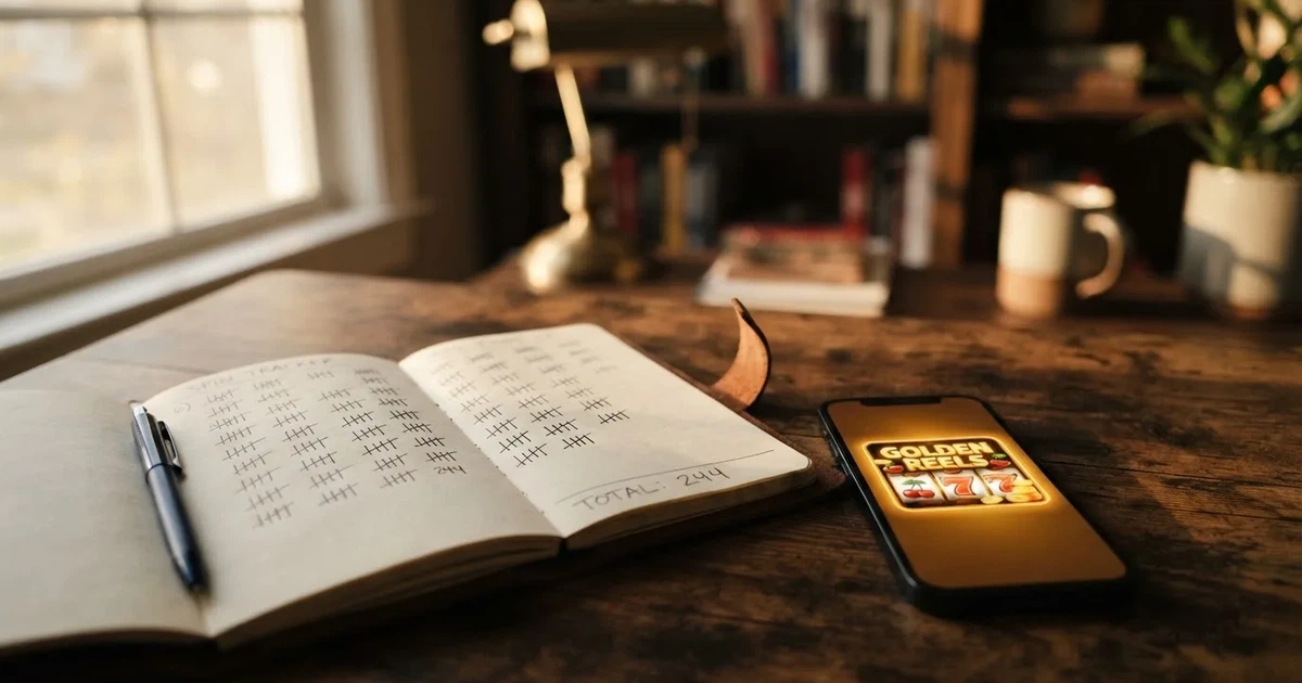 A notepad with a tally of spin counts rests beside a smartphone displaying a slot-reel icon on a desk.