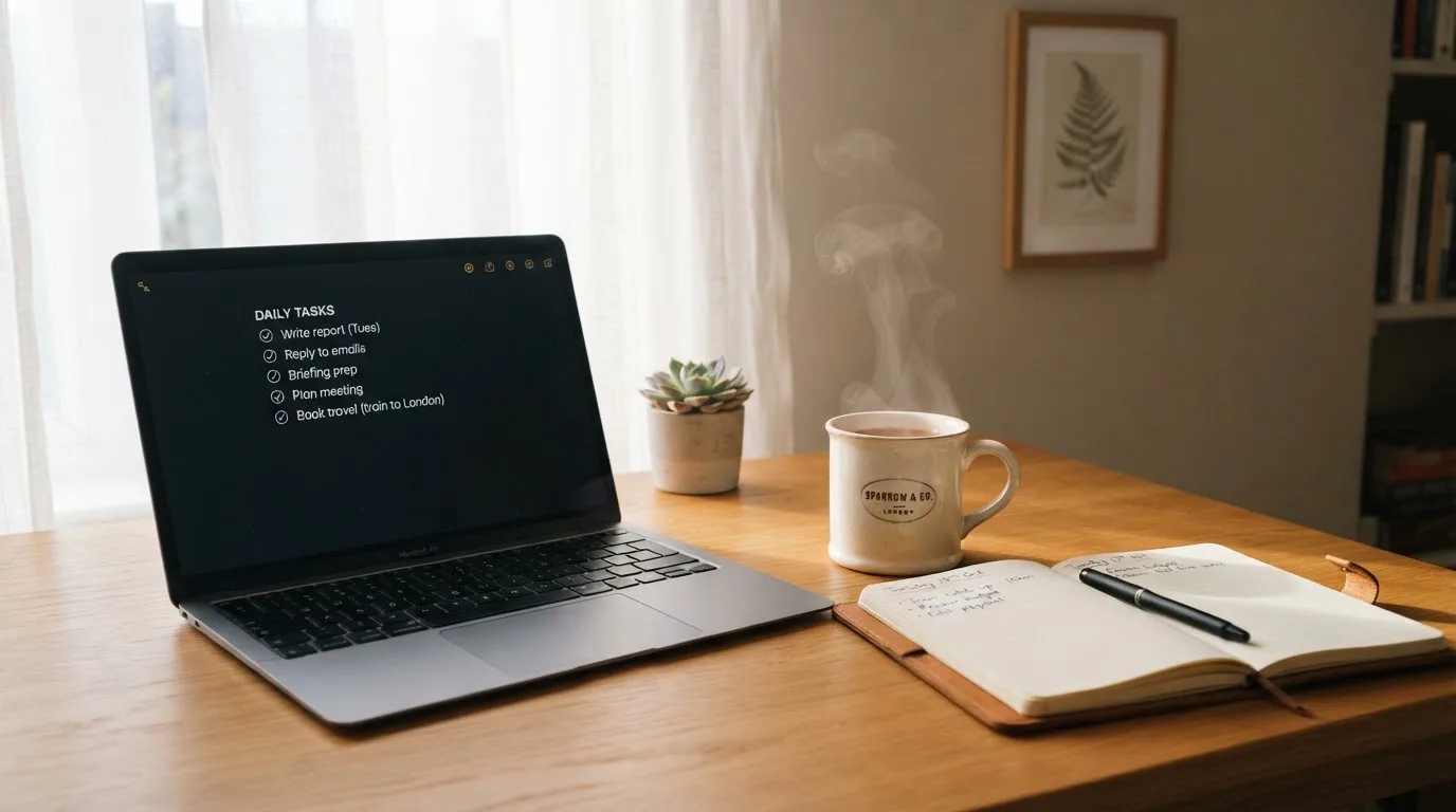 A tidy desk with a notebook, a mug of tea and a laptop open to a checklist, morning light through a window.
