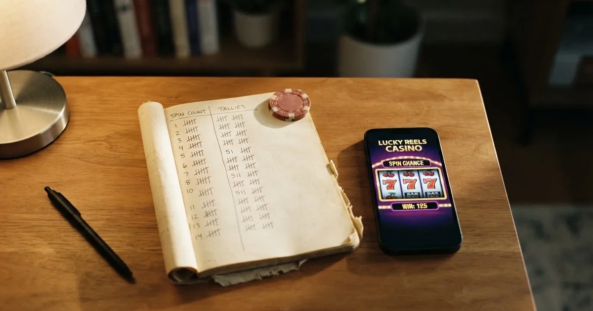 A notepad with a tally of spin counts rests beside a smartphone displaying a slot-reel icon on a desk.