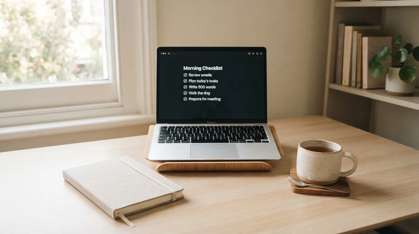 A tidy desk with a notebook, a mug of tea and a laptop open to a checklist, morning light through a window.