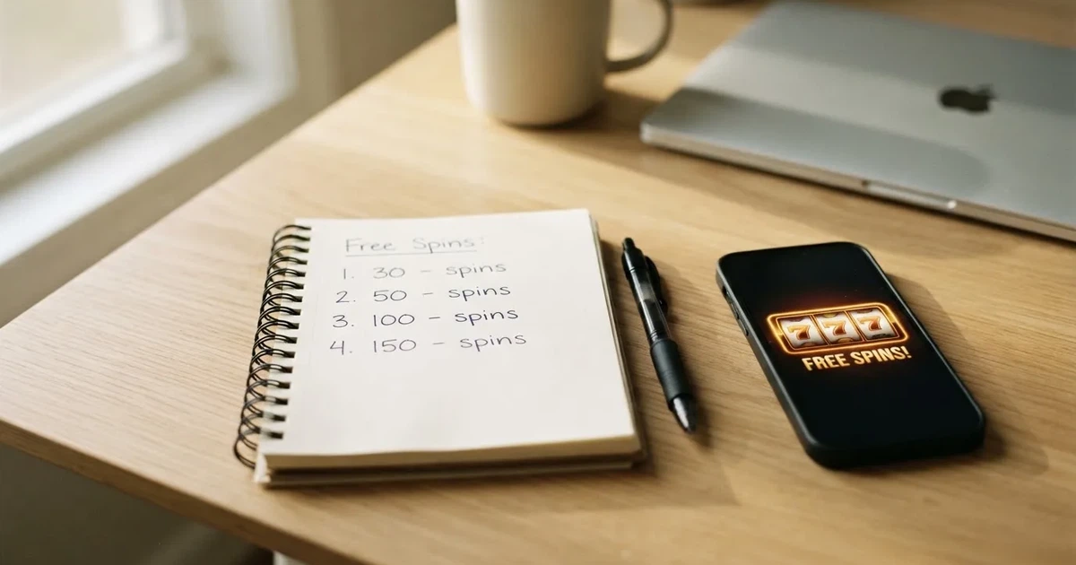 A notepad listing four spin-count tiers rests beside a smartphone displaying a slot-reel icon on a desk.