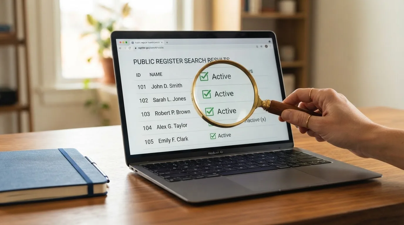 A magnifying glass rests over a printed regulatory certificate on a wooden desk.