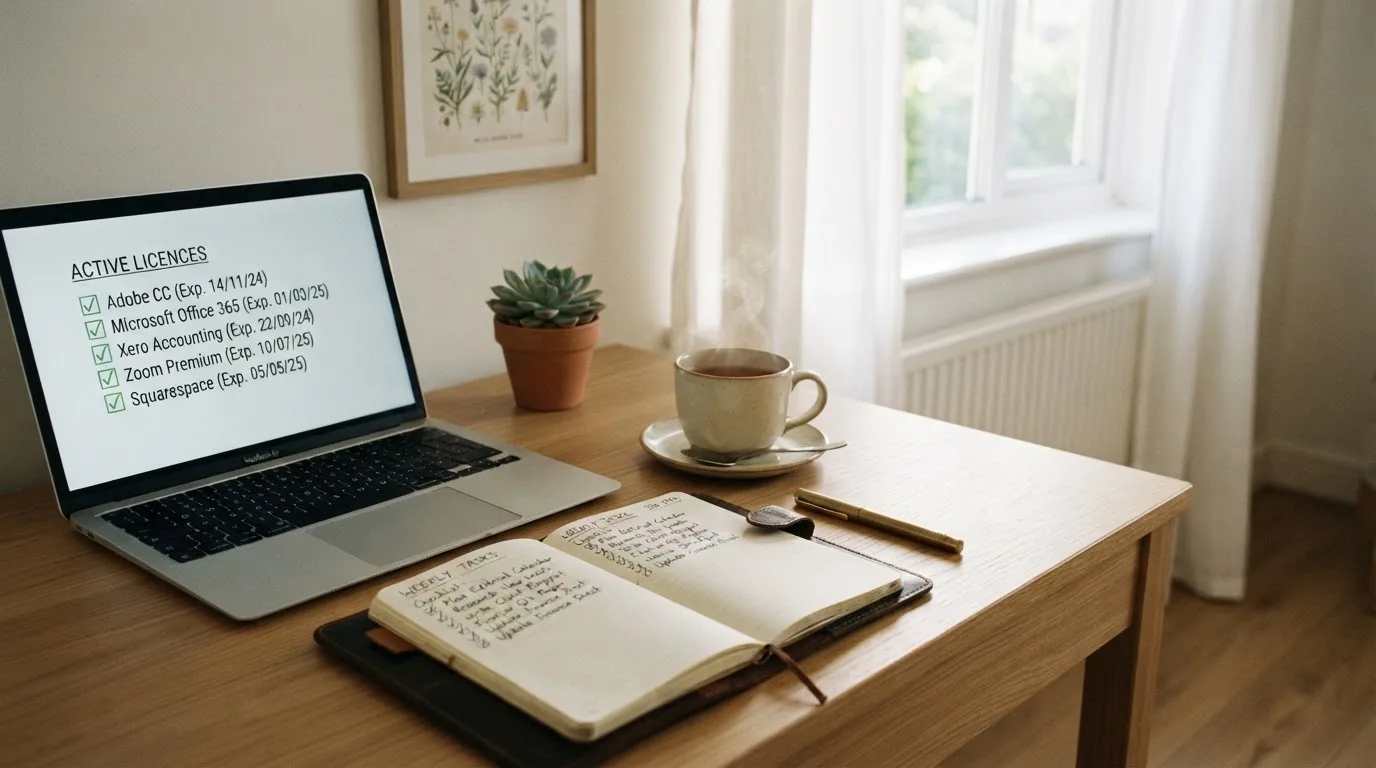 A tidy desk with a notebook, a mug of tea and a laptop open to a checklist, morning light through a window.