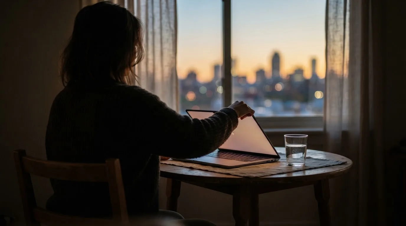 A person closes a laptop and looks out of a window at dusk, a glass of water on the table beside them.