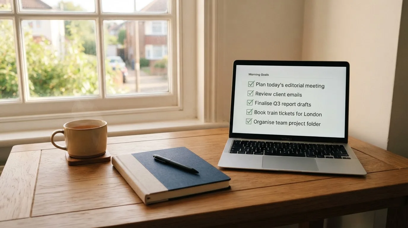 A tidy desk with a notebook, a mug of tea and a laptop open to a checklist, morning light through a window.