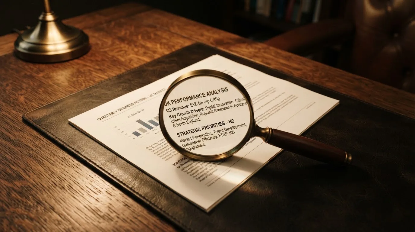 A magnifying glass rests over a printed regulatory certificate on a wooden desk.