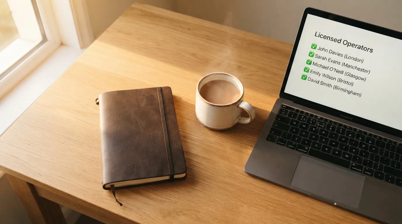 A tidy desk with a notebook, a mug of tea and a laptop open to a checklist, morning light through a window.