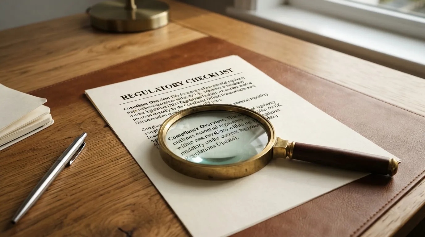 A magnifying glass rests over a printed regulatory certificate on a wooden desk.
