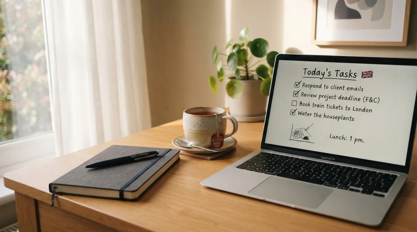 A tidy desk with a notebook, a mug of tea and a laptop open to a checklist, morning light through a window.
