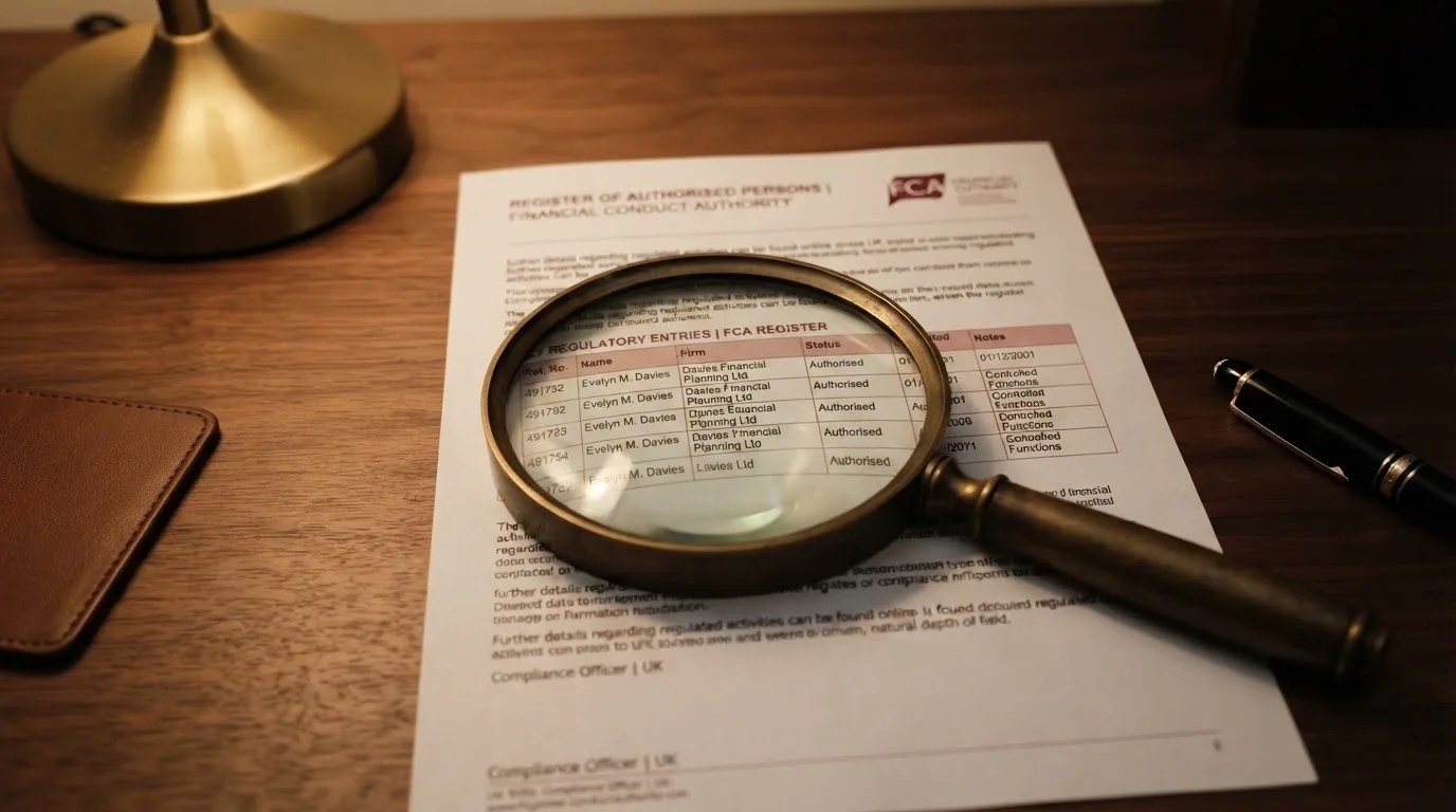 A magnifying glass rests over a printed regulatory certificate on a wooden desk.
