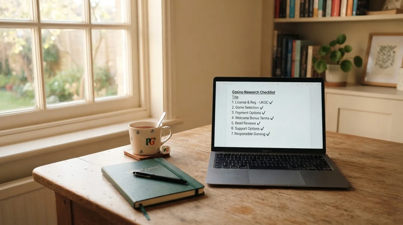 A tidy desk with a notebook, a mug of tea and a laptop open to a checklist, morning light through a window.