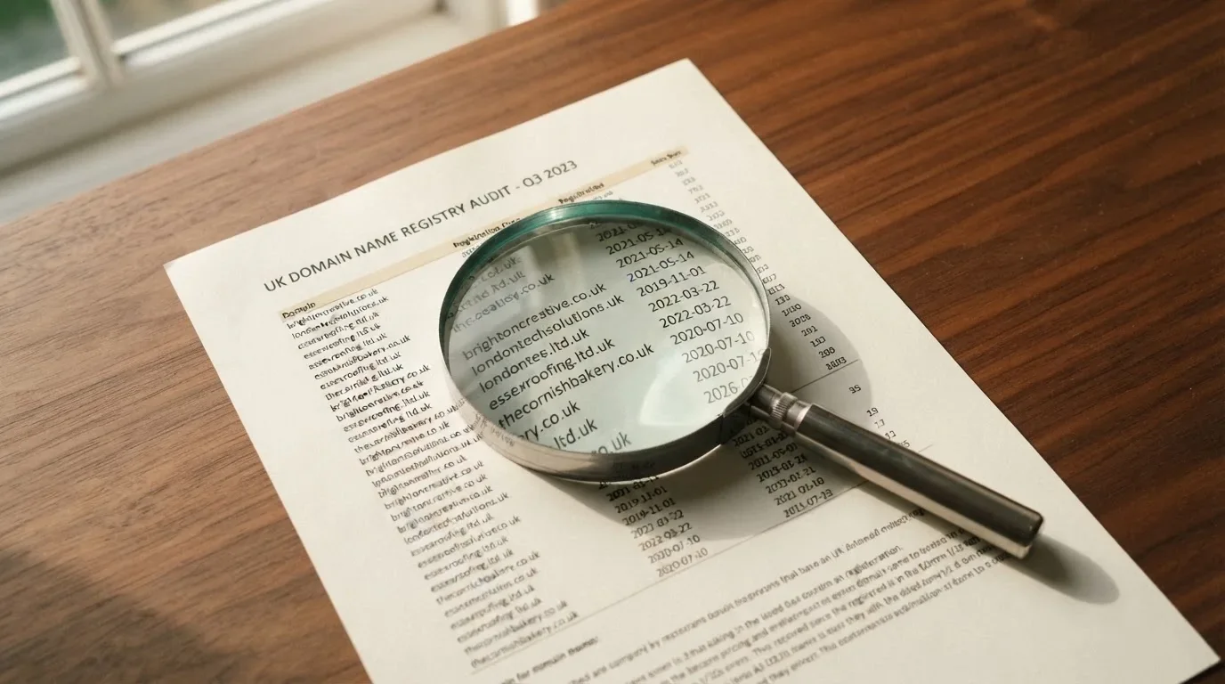 A magnifying glass rests over a printed regulatory certificate on a wooden desk.