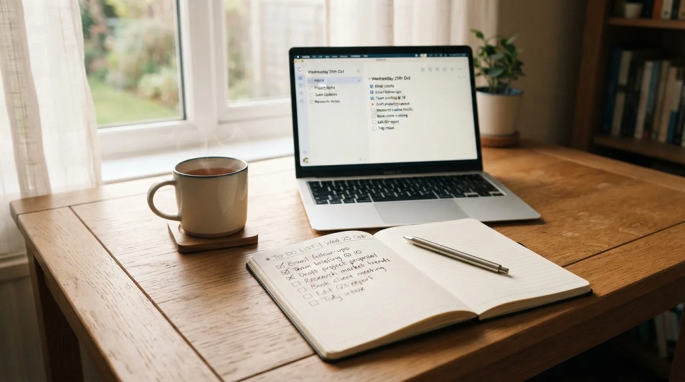 A tidy desk with a notebook, a mug of tea and a laptop open to a checklist, morning light through a window.