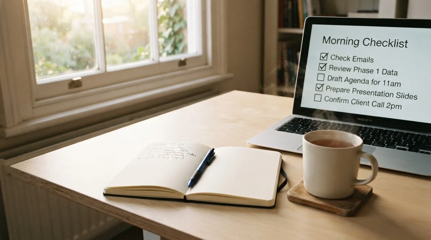 A tidy desk with a notebook, a mug of tea and a laptop open to a checklist, morning light through a window.