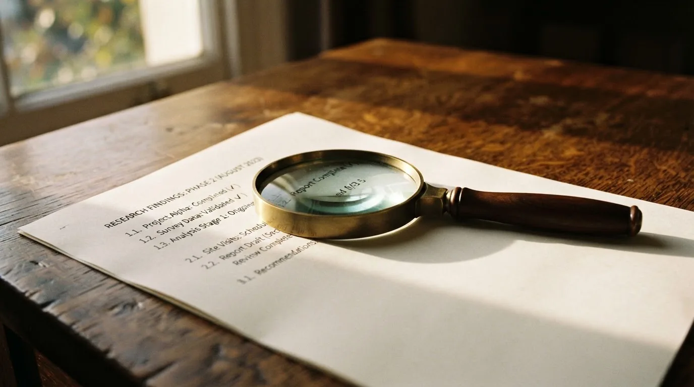 A magnifying glass rests over a printed regulatory certificate on a wooden desk.