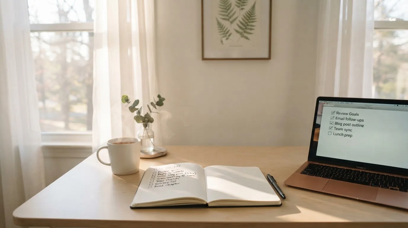 A tidy desk with a notebook, a mug of tea and a laptop open to a checklist, morning light through a window.