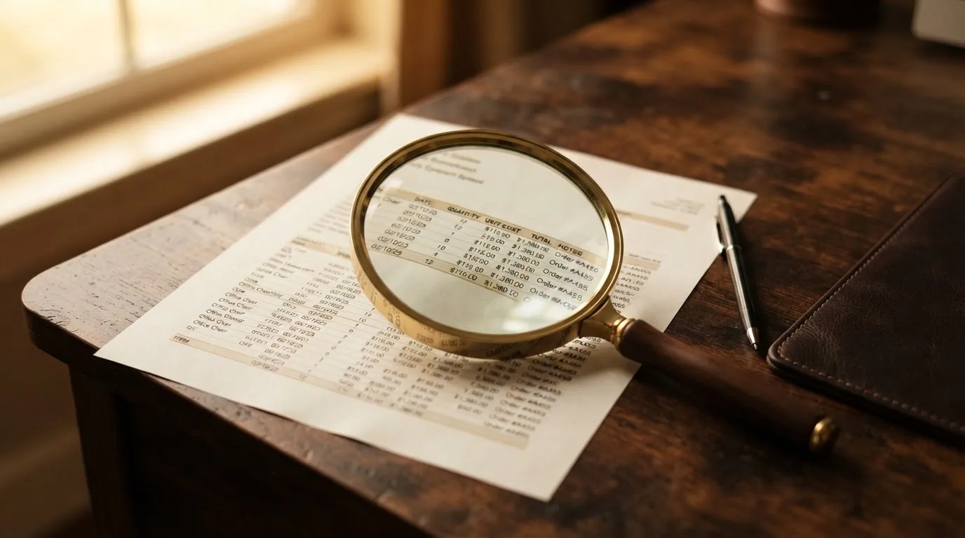 A magnifying glass rests over a printed regulatory certificate on a wooden desk.