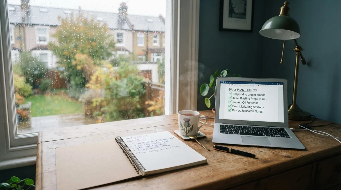 A tidy desk with a notebook, a mug of tea and a laptop open to a checklist, morning light through a window.