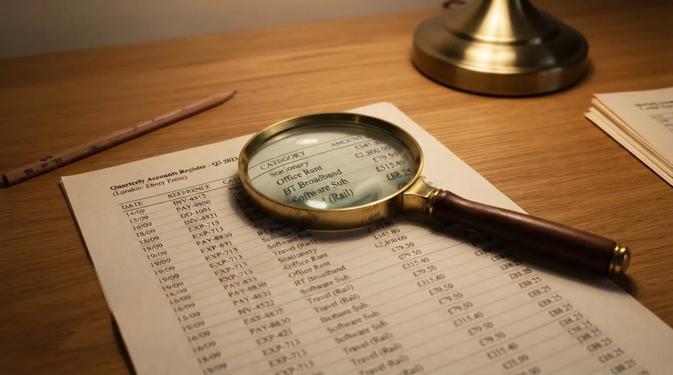 A magnifying glass rests over a printed regulatory certificate on a wooden desk.