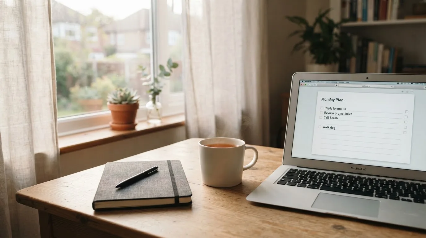 A tidy desk with a notebook, a mug of tea and a laptop open to a checklist, morning light through a window.