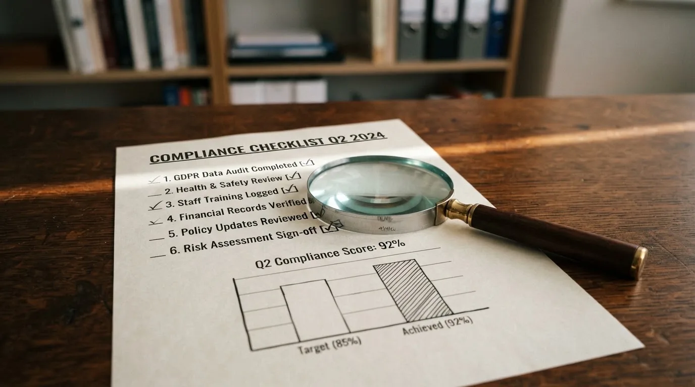 A magnifying glass rests over a printed regulatory certificate on a wooden desk.