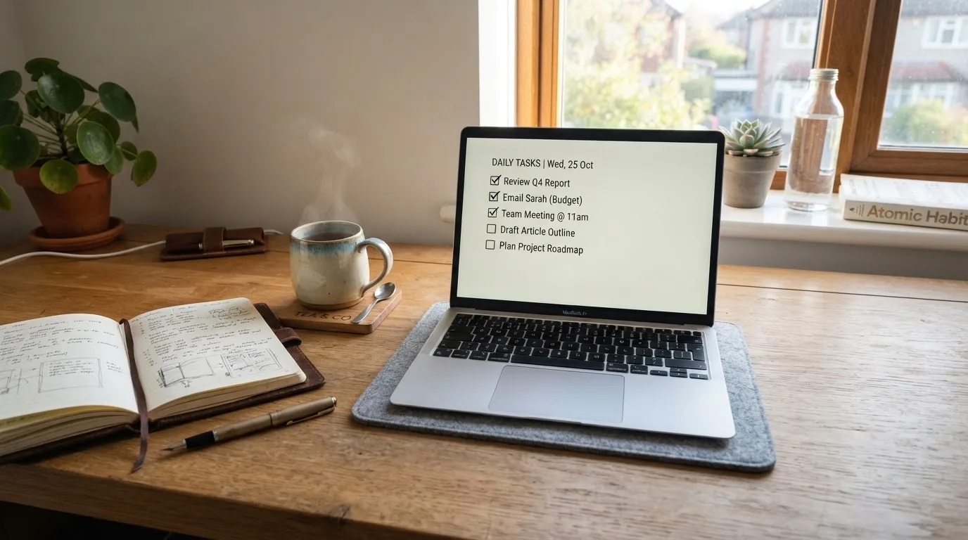 A tidy desk with a notebook, a mug of tea and a laptop open to a checklist, morning light through a window.