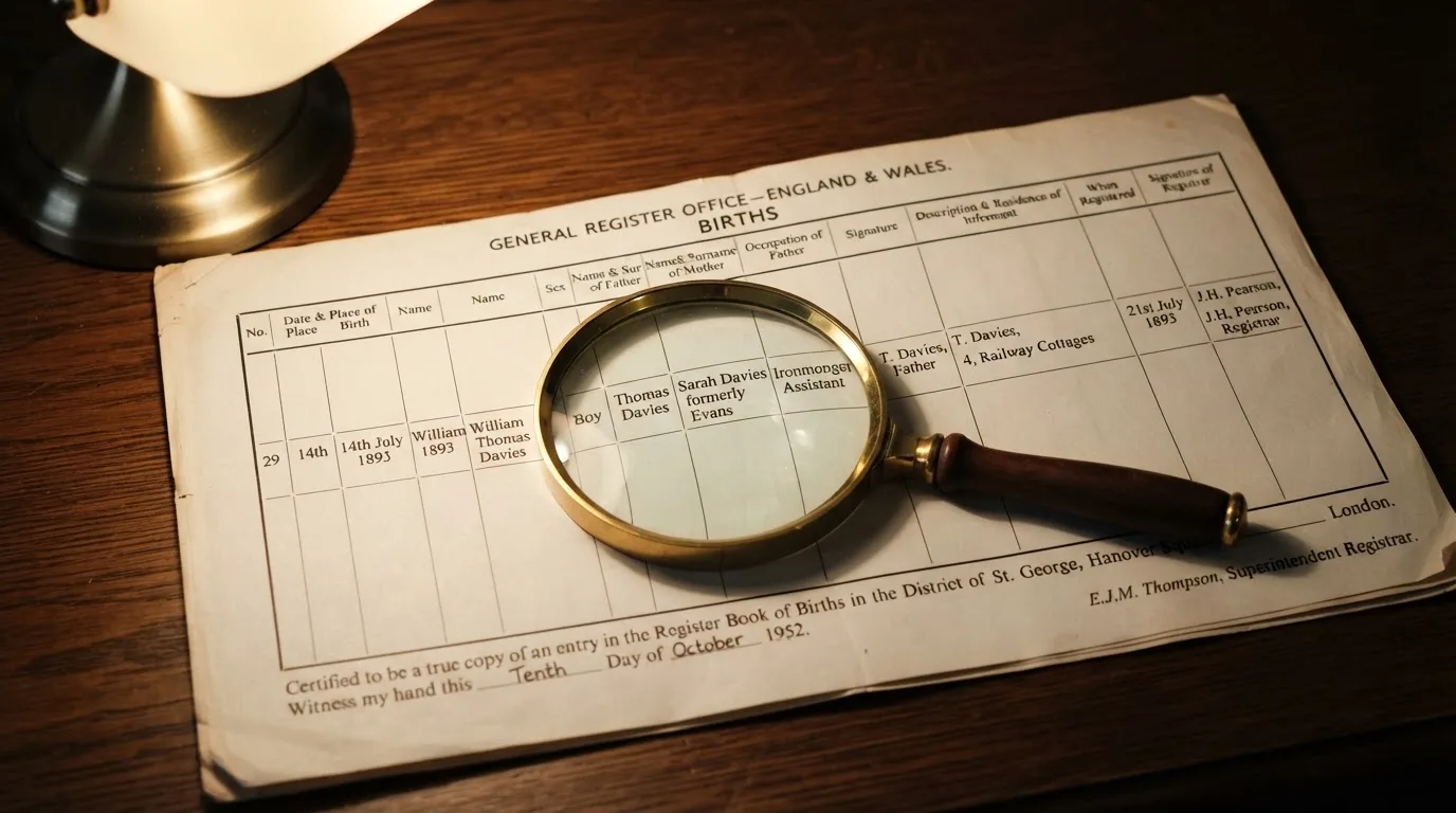 A magnifying glass rests over a printed regulatory certificate on a wooden desk.