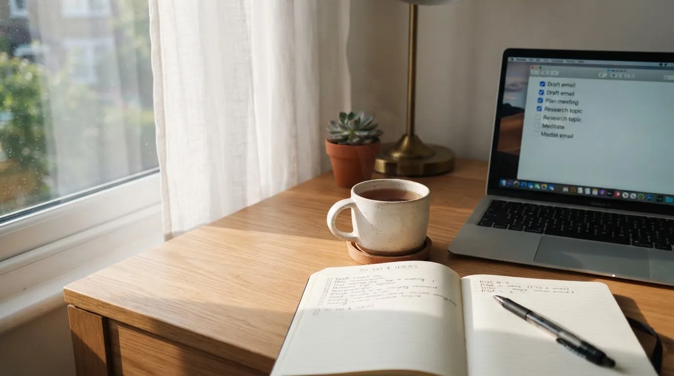 A tidy desk with a notebook, a mug of tea and a laptop open to a checklist, morning light through a window.