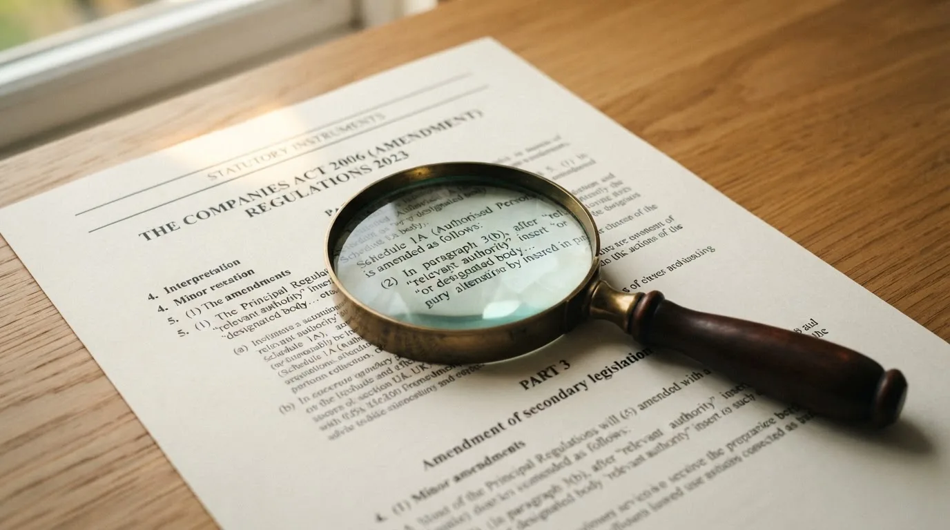 A magnifying glass rests over a printed regulatory certificate on a wooden desk.