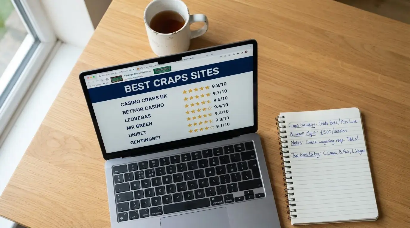 A laptop on a home desk showing a UK online casino comparison page open beside a notepad, with a craps table layout diagram on a laptop visible in a browser tab list