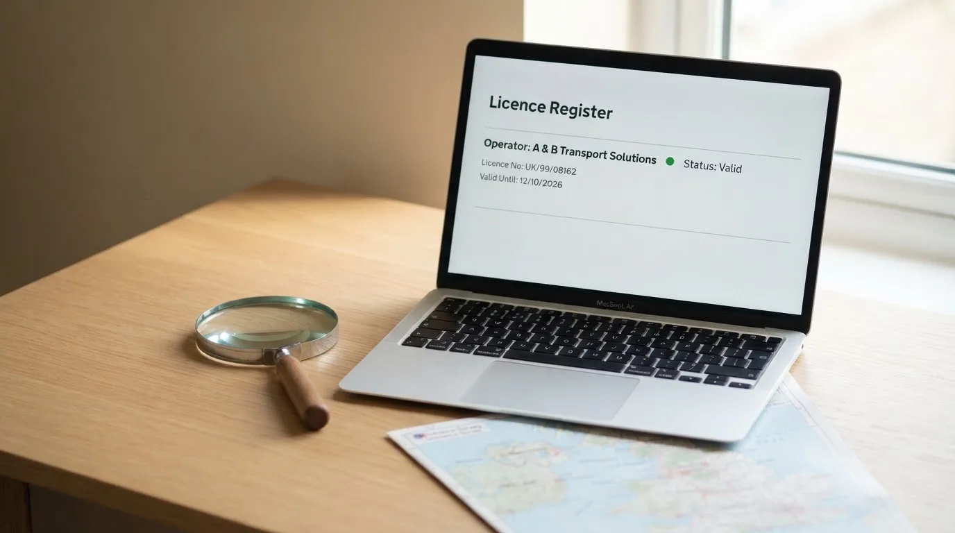A magnifying glass held over a printed gambling licence certificate on a desk, with a UK map faintly visible in the background