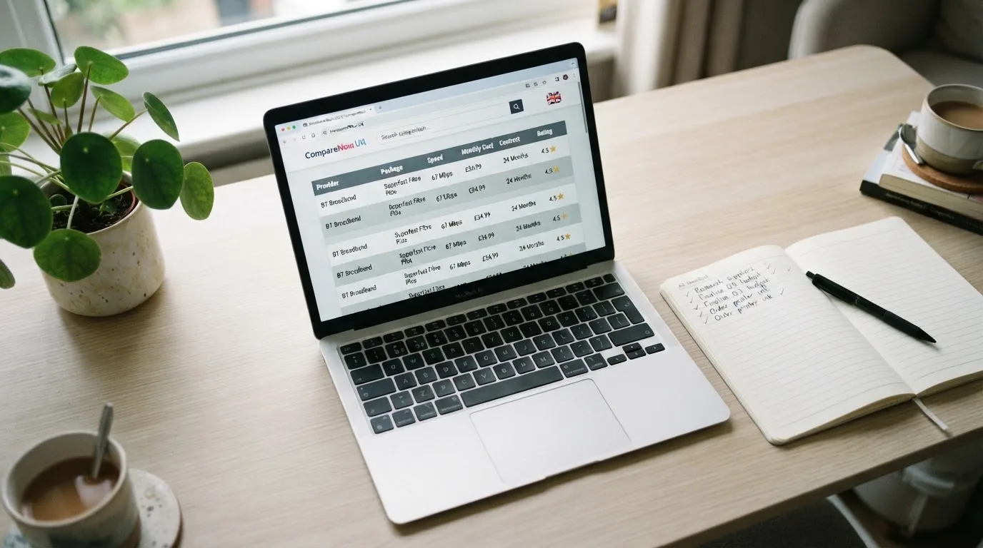A laptop on a home desk showing a UK online casino comparison page open beside a notepad, with a laptop showing a foreign-registered website's homepage visible in a browser tab list