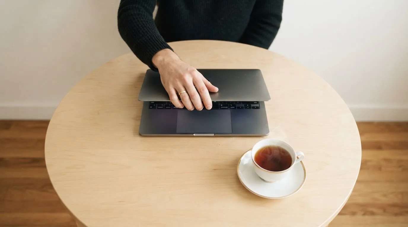 A person closing a laptop beside a cup of tea