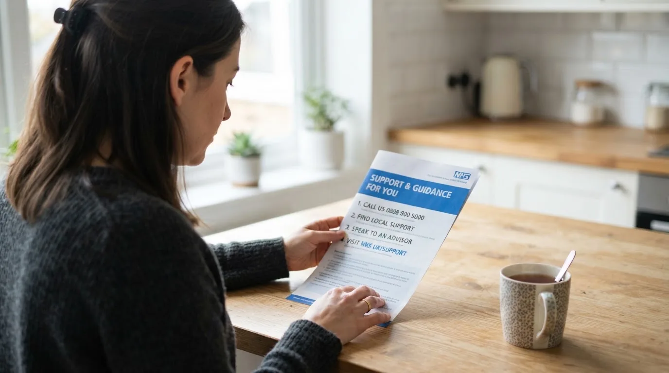 A person reading a self-exclusion leaflet at a kitchen table