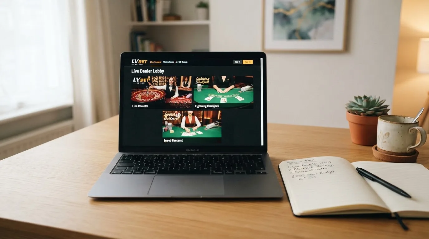A laptop on a home desk showing a UK online casino comparison page open beside a notepad, with a laptop showing a live casino lobby with several table thumbnails visible in a browser tab list
