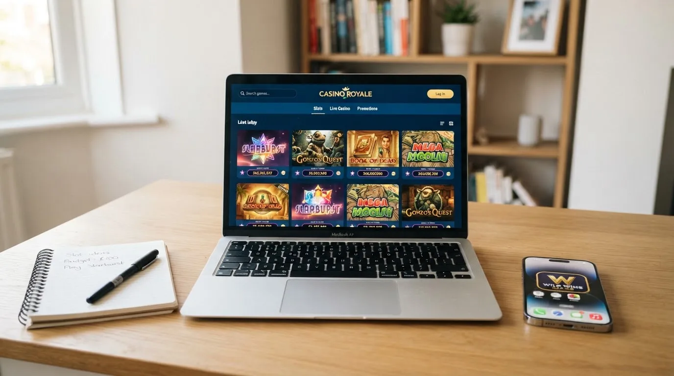 A laptop on a home desk showing a UK online casino comparison page open beside a notepad, with a mobile phone resting on a desk next to a casino app icon screen visible in a browser tab list