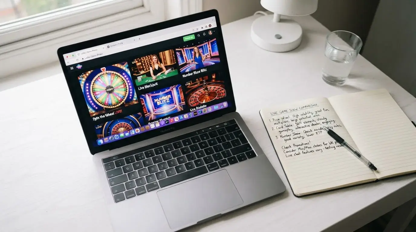 A laptop on a home desk showing a UK online casino comparison page open beside a notepad, with a laptop showing a live casino game show lobby page visible in a browser tab list